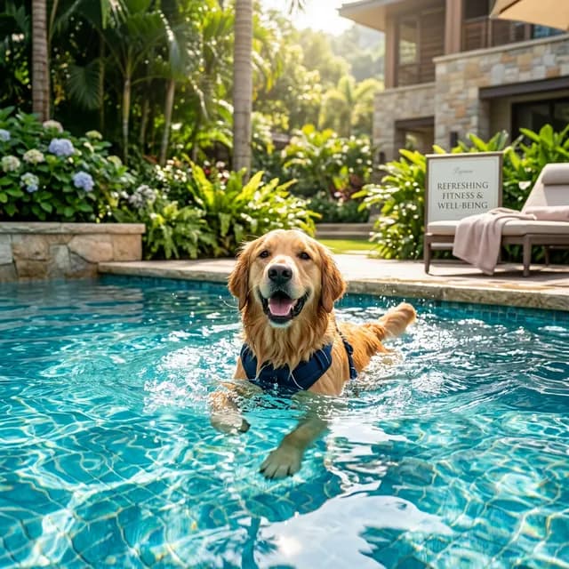 Cão feliz praticando exercícios na piscina